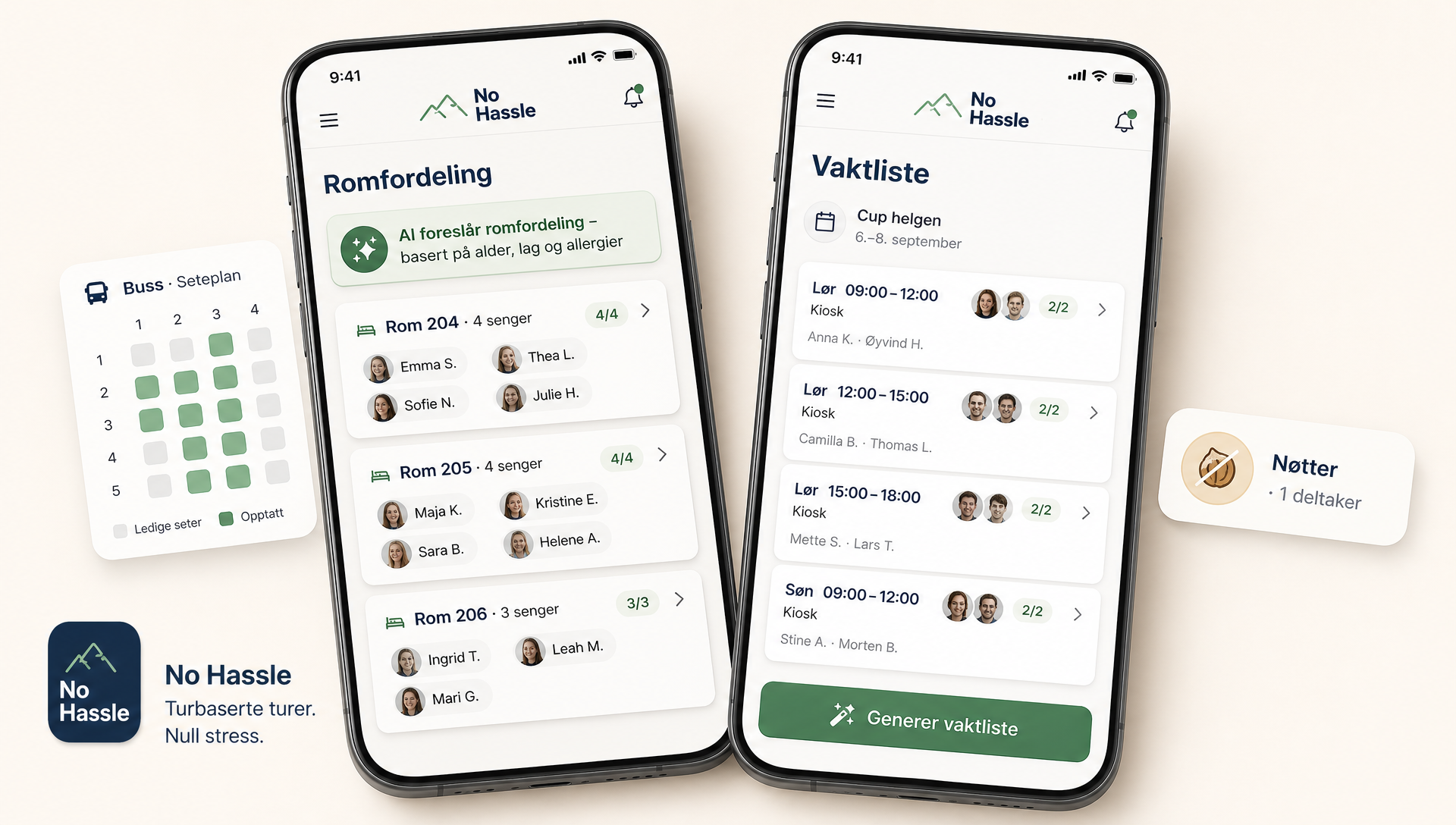 Skisse av No Hassle-appen: automatiske forslag til rom, vakt og buss